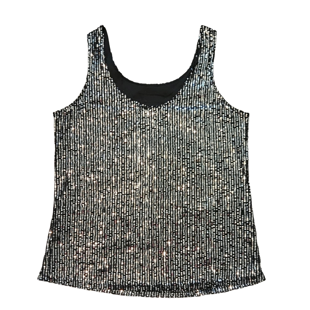 Women's Sequin Black And Silver Tank Top For Party Club Dress, Size Large